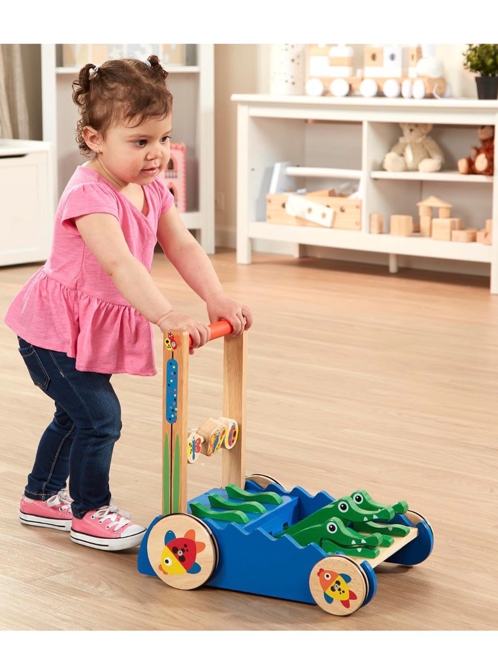 Wooden Alligator Push Walker for Toddlers - Blue & Green